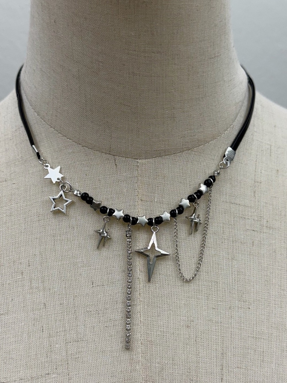 Y2K Star Charm Choker Necklace Black Cord Silver Tone Goth Grunge E-Girl